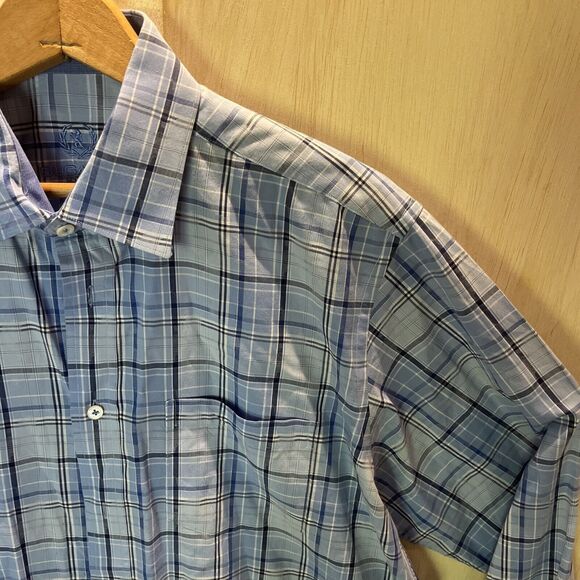 NEW no tags Bugatchi Men’s Classic Fit Blue White Plaid Check Shirt Size Large - Picture 2 of 7